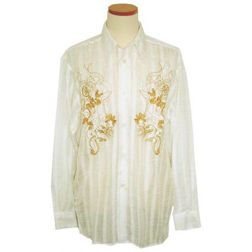 Pronti White with Mustard Gold Embroidered Paisley Shirt S5641